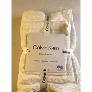 Calvin Klein Eternity Solid White 3 Piece Towel Set 100% Cotton Waffle Weave NEW